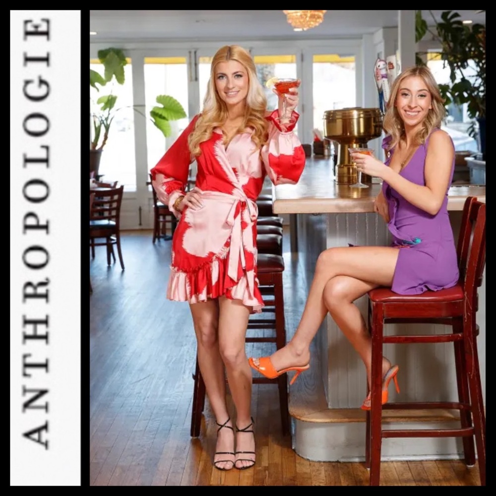 Anthropologie Red and Pink Satin Wrap Mini Dress